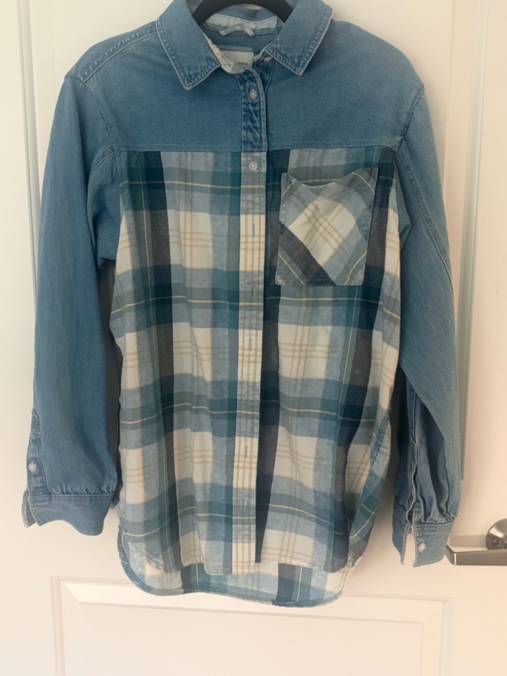 American Eagle Plaid Denim-Panel Button-Up Shirt - Blue